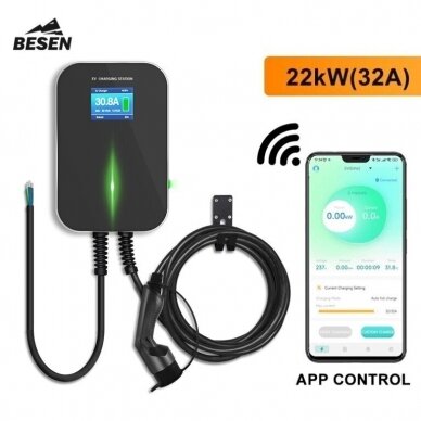 Elektromobilių krovimo stotelė Besen 22 kW APP su 6.1m laidu Type 2 1