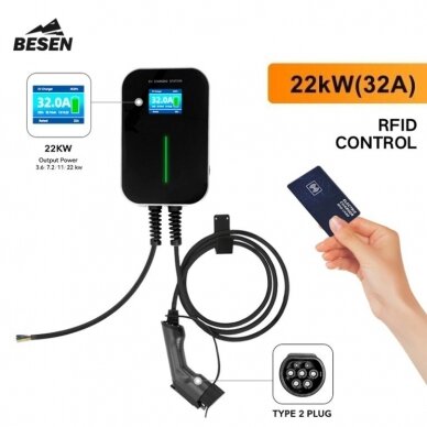 Elektromobilių krovimo stotelė Besen 22 kW RFID su 6.1m laidu Type 2 1